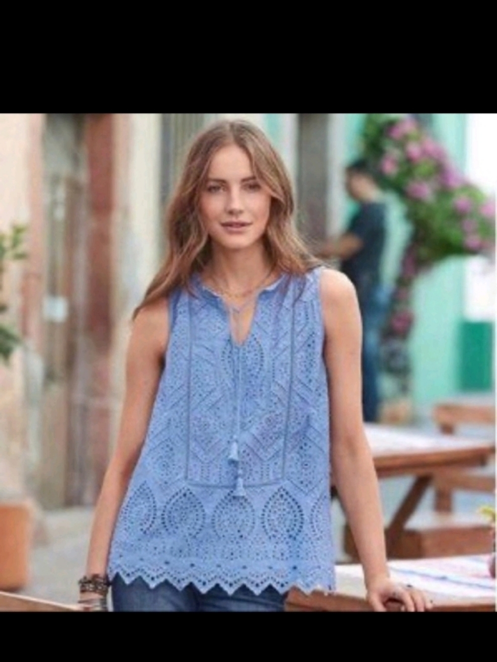 Sundance Sebilla Top Crochet Eyelet Tank Blue Sz M